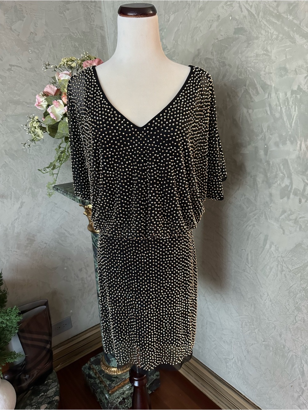Xscape Black Dress with White Dot Print